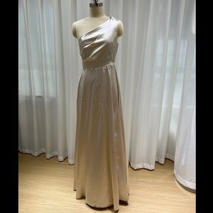 Champagne color side shoulder bridesmaid dress